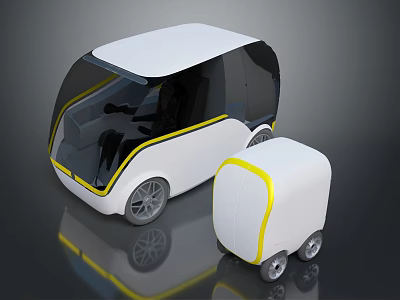 Two Modern Autonomous Concept Vehicles With White Body Yellow Stripes And Gray Wheels 3d model