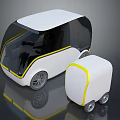 Two Modern Autonomous Concept Vehicles With White Body Yellow Stripes And Gray Wheels