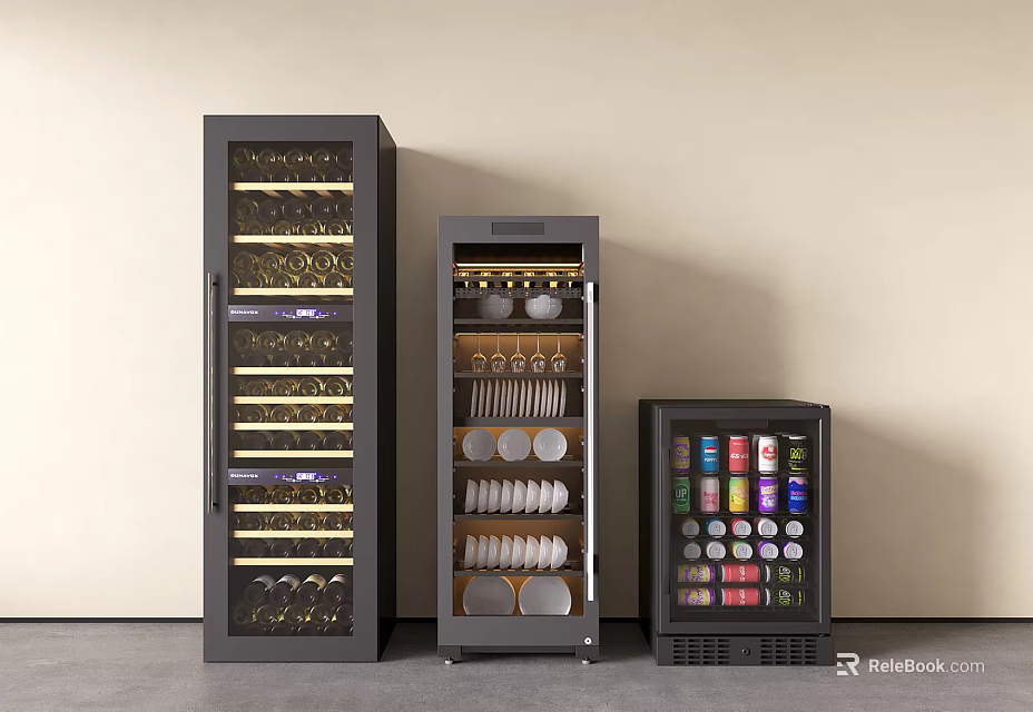 Modern Black Refrigerators With Wine Bottles Glasses Dishes And Beverage Cans Against Wall 3d model 