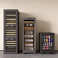Modern Black Refrigerators With Wine Bottles Glasses Dishes And Beverage Cans Against Wall