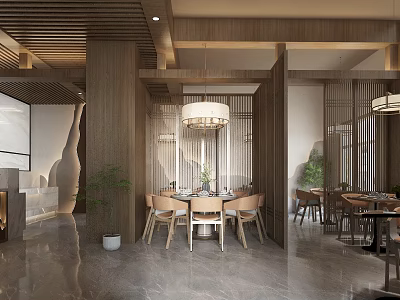 Elegant Chinese Private Dining Room With Wooden Partition Chandelier And Dining Table Chairs 3d model