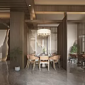 Elegant Chinese Private Dining Room With Wooden Partition Chandelier And Dining Table Chairs