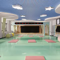 Vibrant Fitness Studio With Green Floor Pink Yoga Mats Blue Striped Ceiling And Exercise Balls