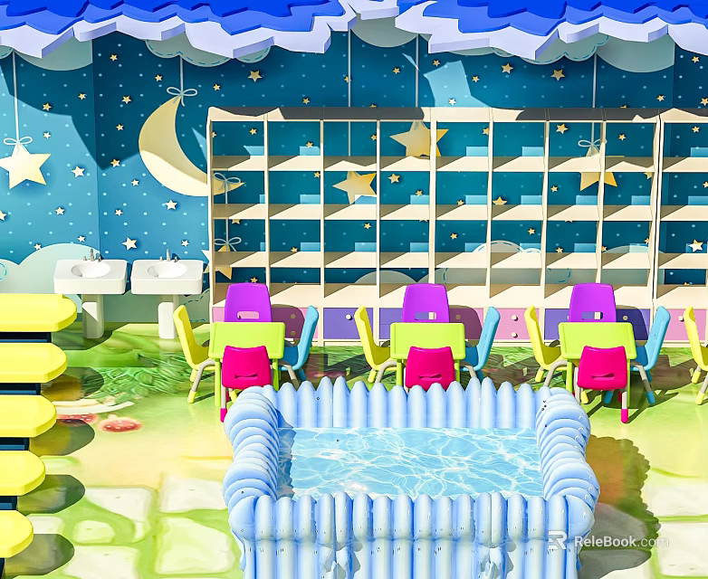 Colorful Sofa Coffee Table Set In Starry Themed Room With Pool And Chairs 3d model 