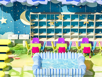 Colorful Sofa Coffee Table Set In Starry Themed Room With Pool And Chairs 3d model