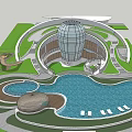 Kids Play Area With Blue Pool Dome Building And Curved Structures On Green Lawn