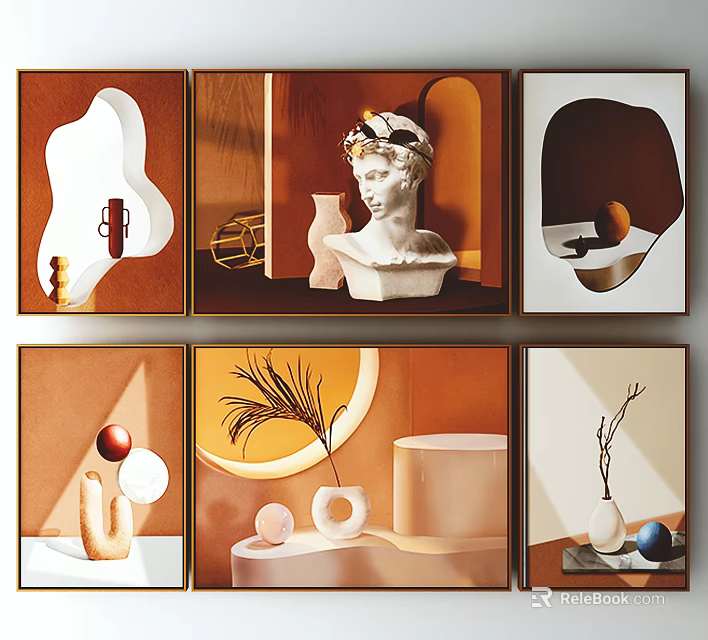 Modern Abstract Decorative Paintings Featuring Sculpture Vase Plant And Geometric Elements 3d model