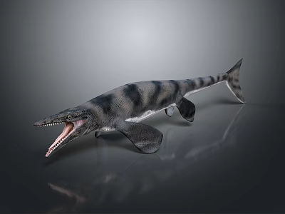 Ichthyosaur With Open Mouth Striped Skin Fins And Tail On Gray Background With Reflection 3d model