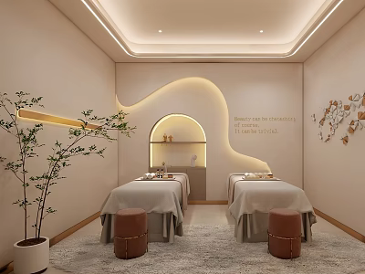 Relaxing SPA Sauna Interior With Modern Design Comfortable Massage Tables And Decorative Plants 3d model