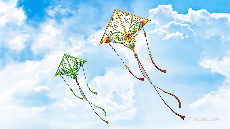 Colorful Kite Decorative Ornament Set With Intricate Designs And Streamers In Blue Sky 3d model 