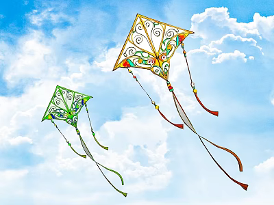 Colorful Kite Decorative Ornament Set With Intricate Designs And Streamers In Blue Sky 3d model