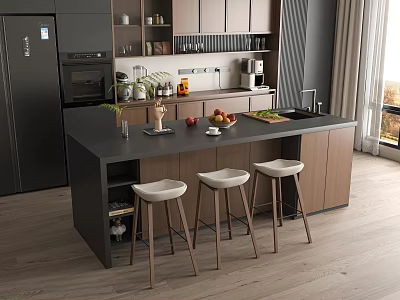 Modern Restaurant Kitchen Interior With Island Counter Cabinets Appliances And Bar Stools 3d model