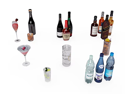 Various Wine Whiskey Champagne Bottles Martini Cocktail And Highball Glasses On 3d model