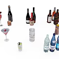 Various Wine Whiskey Champagne Bottles Martini Cocktail And Highball Glasses On