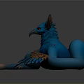 Blue Mythical Creature with Feathered Wings Red Eyes Claws and Long Tail Lying on Dark Background