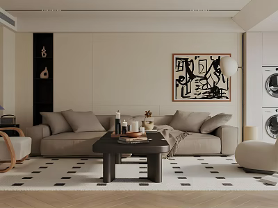 Minimalist Living Room Interior Design With Beige Sofa Black Coffee Table And Decorative Painting 3d model
