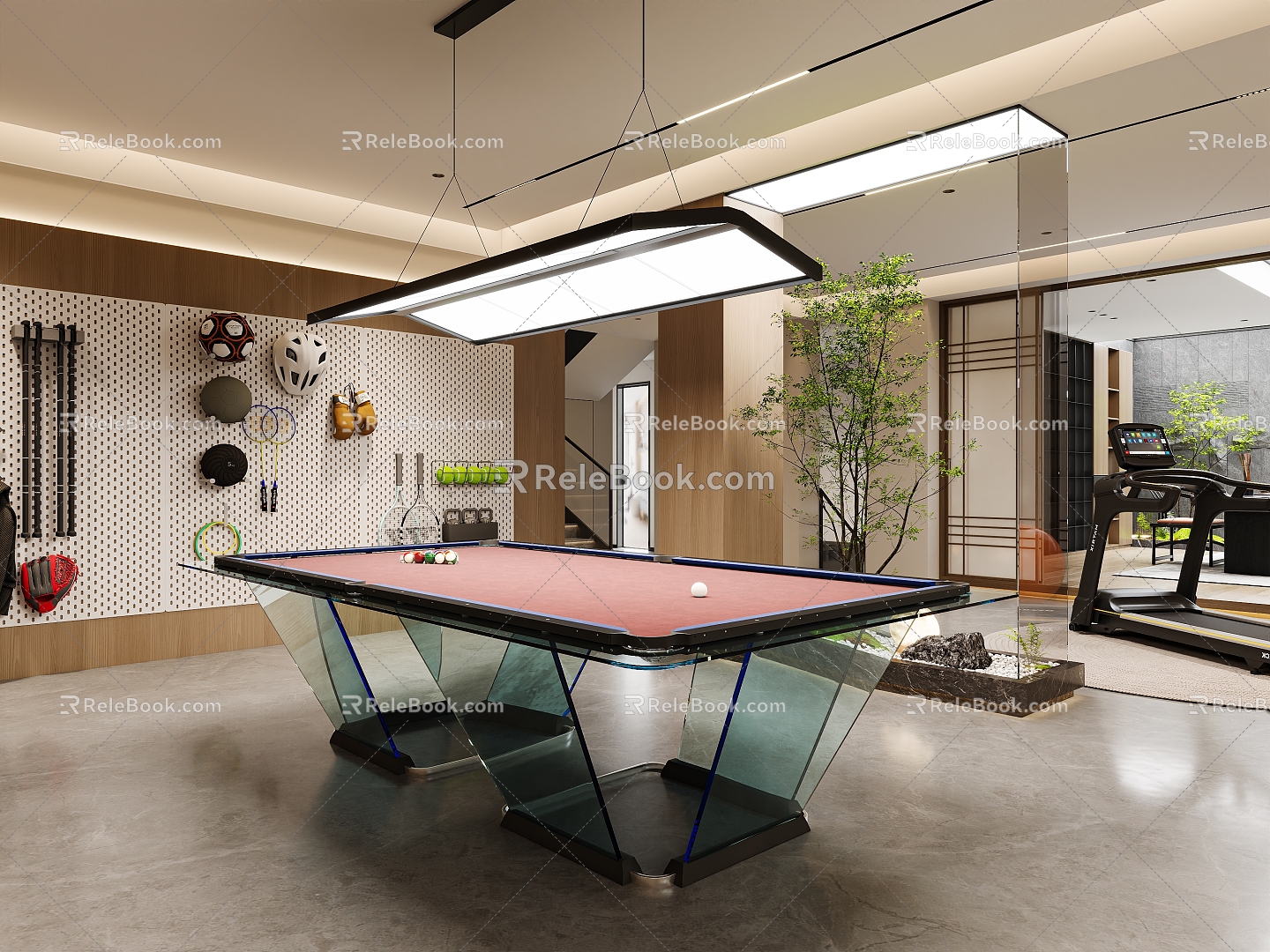 Modern Basement Gym Pool Table Billiard Room Man-made Landscape Gym Background Hole Board Fitness Equipment Water Bar Piano 3d model