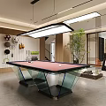 Modern Recreation Room Interior Design With Glass Top Pool Table And Sports Wall Decor