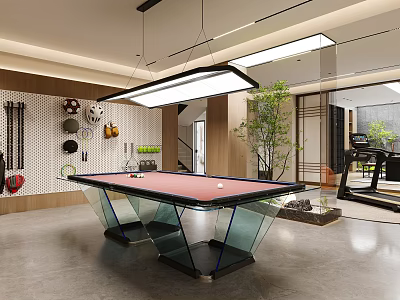 Modern Recreation Room Interior Design With Glass Top Pool Table And Sports Wall Decor 3d model