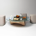 Modern Glass Top Coffee Table With Wooden Base Tray Fruits And Beige Ottomans