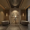 Modern Beauty Hair Salon Interior With Wooden Marble Decor Green Plants And Elegant Lighting Design