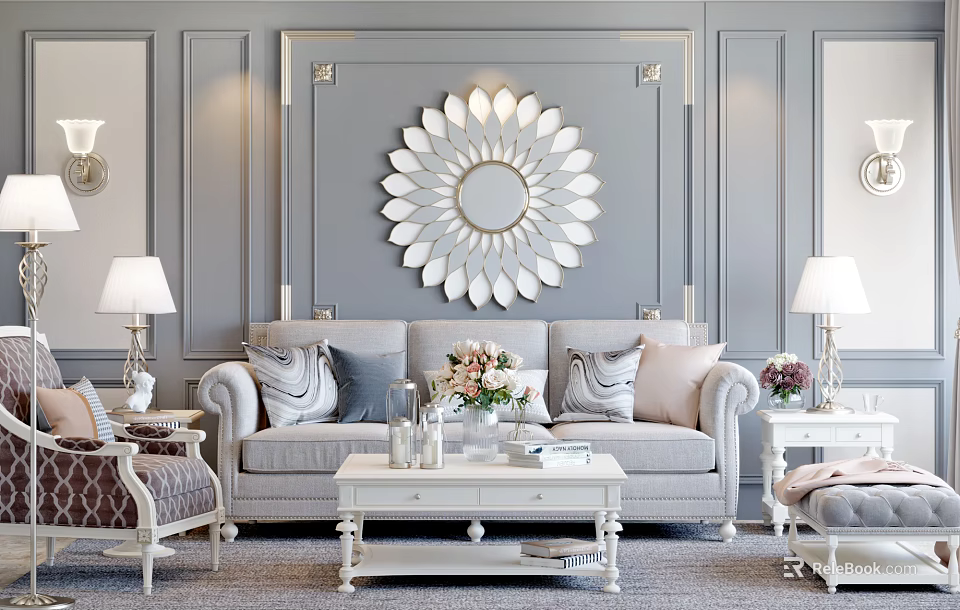 Elegant Grey Sofa and Coffee Table Set with Pillows Floral Arrangement Books and Sunburst Mirror 3d model 