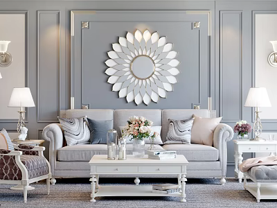 Elegant Grey Sofa and Coffee Table Set with Pillows Floral Arrangement Books and Sunburst Mirror 3d model