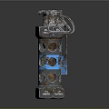 Rusty Metal Weapon Component With Cylindrical Structure Circular Holes And Blue Accents