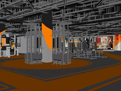 Modern Fitness Gym Interior With Various Exercise Machines And Orange Floor Design 3d model