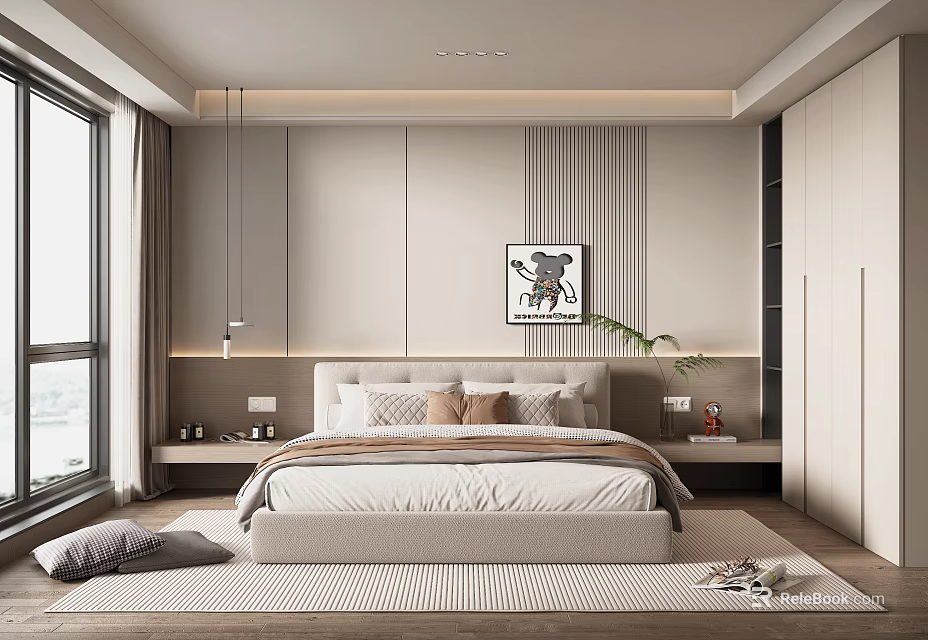 Modern Bedroom Interior With Large Bed Striped Accent Wall Pendant Lights And Soft Rug 3d model 