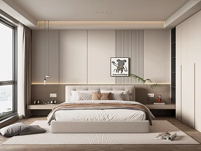 Modern Bedroom Interior With Large Bed Striped Accent Wall Pendant Lights And Soft Rug 3d model