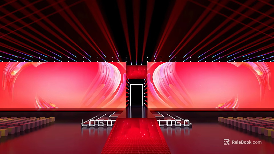Professional Stage Design With Red Background Large Screens Red Carpet And Dynamic Lighting 3d model