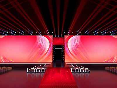 Professional Stage Design With Red Background Large Screens Red Carpet And Dynamic Lighting 3d model