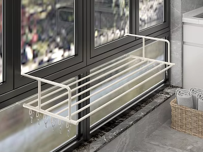 White Wall Mounted Window Sill Shelf With Hanging Hooks And Wicker Basket 3d model