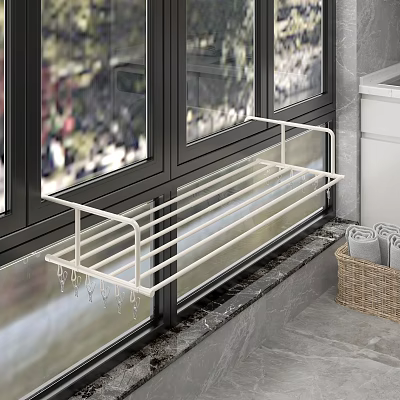 White Wall Mounted Window Sill Shelf With Hanging Hooks And Wicker Basket 3d model