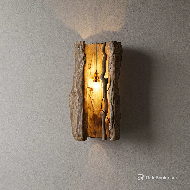 Rustic Natural Wood Wall Lamp with Warm Light Illumination Mounted on Light Wall 3d model 