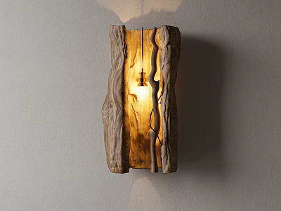 Rustic Natural Wood Wall Lamp with Warm Light Illumination Mounted on Light Wall 3d model
