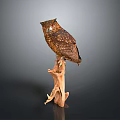 Brown Owl Perched on Natural Wood Branch Against Dark Background