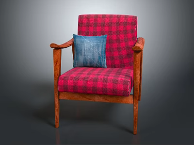 Red And Black Plaid Single Seater Sofa With Wooden Armrests Legs And Blue Cushion 3d model