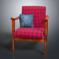 Red And Black Plaid Single Seater Sofa With Wooden Armrests Legs And Blue Cushion