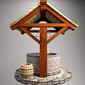 Traditional Well With Wooden Roof Frame Water Wheel Stone Well Circle And Wooden Buckets