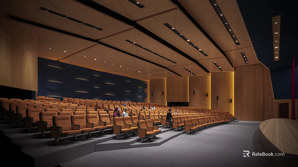 Modern Auditorium Interior With Orange Seats Wooden Walls And Ceiling Lights 3d model 