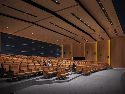 Modern Auditorium Interior With Orange Seats Wooden Walls And Ceiling Lights 3d model