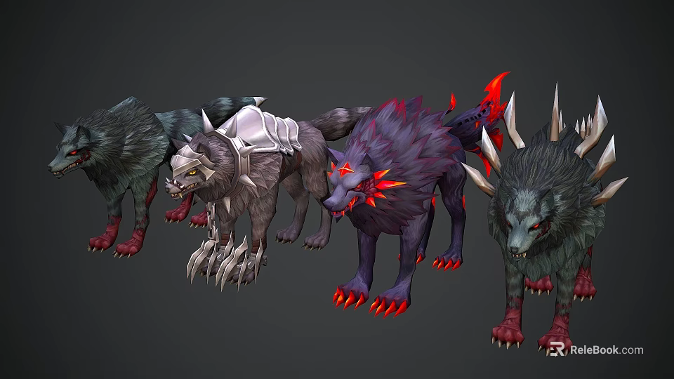 Various Reptiles With Spiked Features Red Eyes And Sharp Claws In Different Stances 3d model 