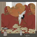 Traditional Chinese Style Room Divider With Red Background And Crane Cloud Patterns 3d model
