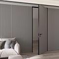 Modern Living Room With Light Gray Hinged Door Vertical Striped Wall And Beige Sofa