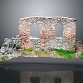 Ancient Stone Ruin Scenery With Arched Windows Green Grass And Rubble