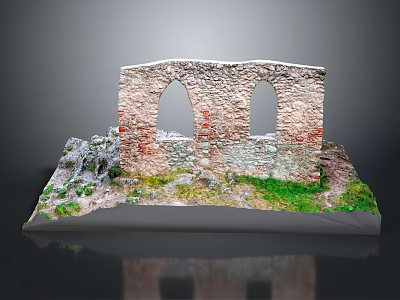 Ancient Stone Ruin Scenery With Arched Windows Green Grass And Rubble 3d model