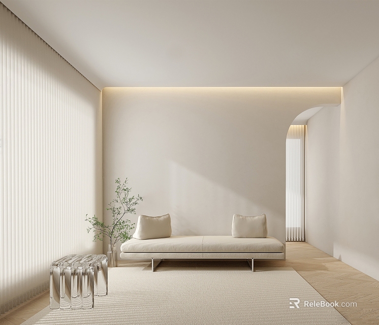 Light Colored Modern Sofa with Cushions Glass Coffee Table Arched Doorway and Warm Lighting 3d model 