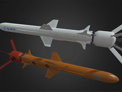 Two Different Military Missiles White With Blue Logo And Orange With Red Propeller 3d model